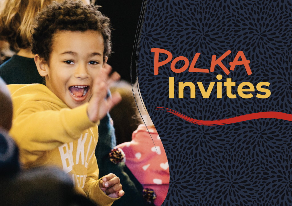 Boy waving with logo - Polka Invites