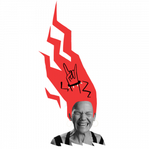 Woman with cartoon red hen. Styled to look like a red flame with a sign of the horns hand gesture in the middle. 