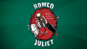 An illustration: Two hands hold a microphone, one arm is dressed in a sweatshirt sleeve and the other in a Shakespearean-style shirt. Text reads: Romeo and Juliet, A remixed tale of star-crossed lovers.