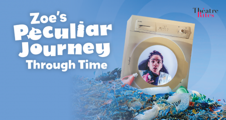 A woman looks out with a shocked expression from the inside of a washing machine. Text reads: Zoe's Peculiar Journey Through Time