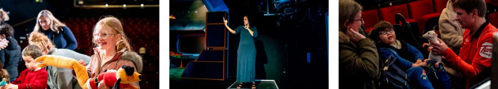 Image of a girl holding an orange toy at a workshop, an image of a BSL interpreter at an adapted performance and an image of a boy in a wheelchair at a SEN workshop.