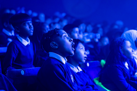 A group of children in the audience of a performance looking engaged. One young boy is pictured gasping in shock.