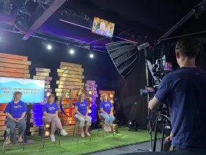 Polka Theatre staff recording the live stream for Write Here, Write Now